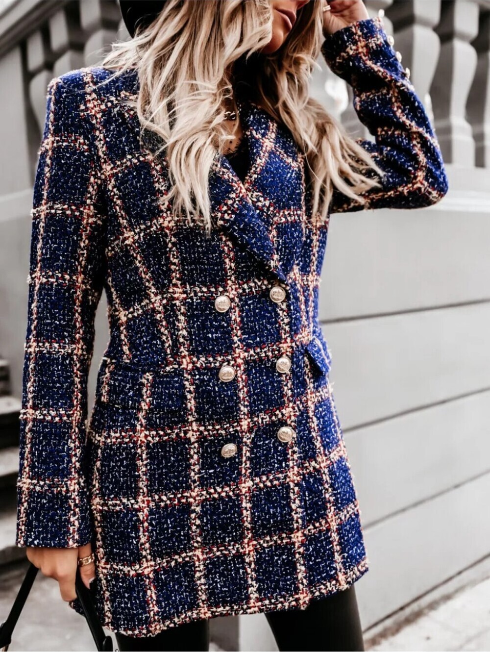 Plaid Tweed Double-Breasted Coat